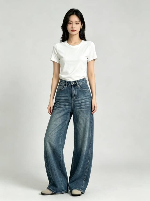 모통이 칼 바지 넓은 다리 청바지 여성 2026 새로운 가을 바지 슬림해 보이는 녹색 바지 캐주얼 루즈핏 스트레이트 팬츠 상세 이미지 6