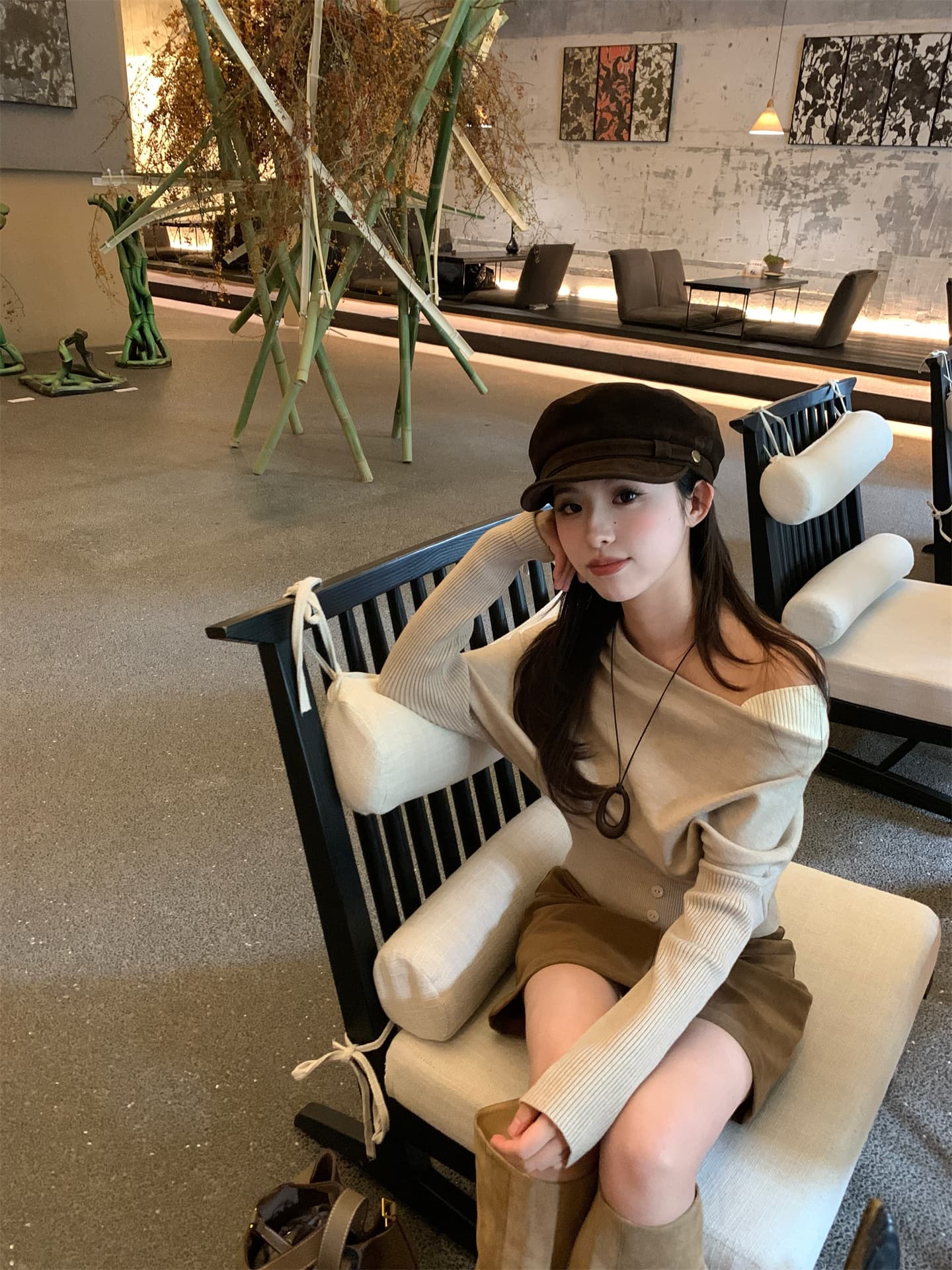 실사 정가 부드러운 품격 비스듬한 어깨 니트 스웨터 디자인 센스 루즈핏 느긋한 페이크 레이어드 스웨터 반 스커트 상세 이미지 8
