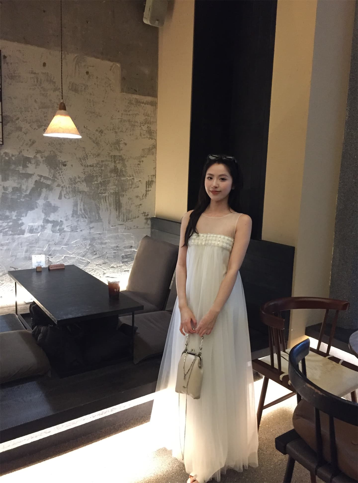 실사 정가 새로운 고급 센스 망사 비즈 박기 화이트 민소매 품격 드레스 상세 이미지 9