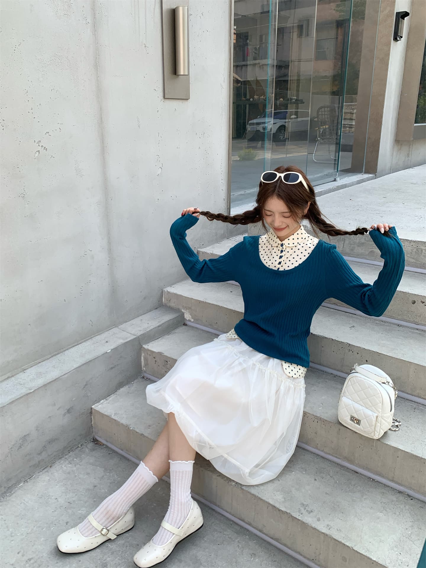 실사 정가 새로운 도트 무늬 배색 페이크 레이어드 셔츠 긴팔 프랑스식 거즈 스커트 꽃밭 퍼프 스커트 이미지 3