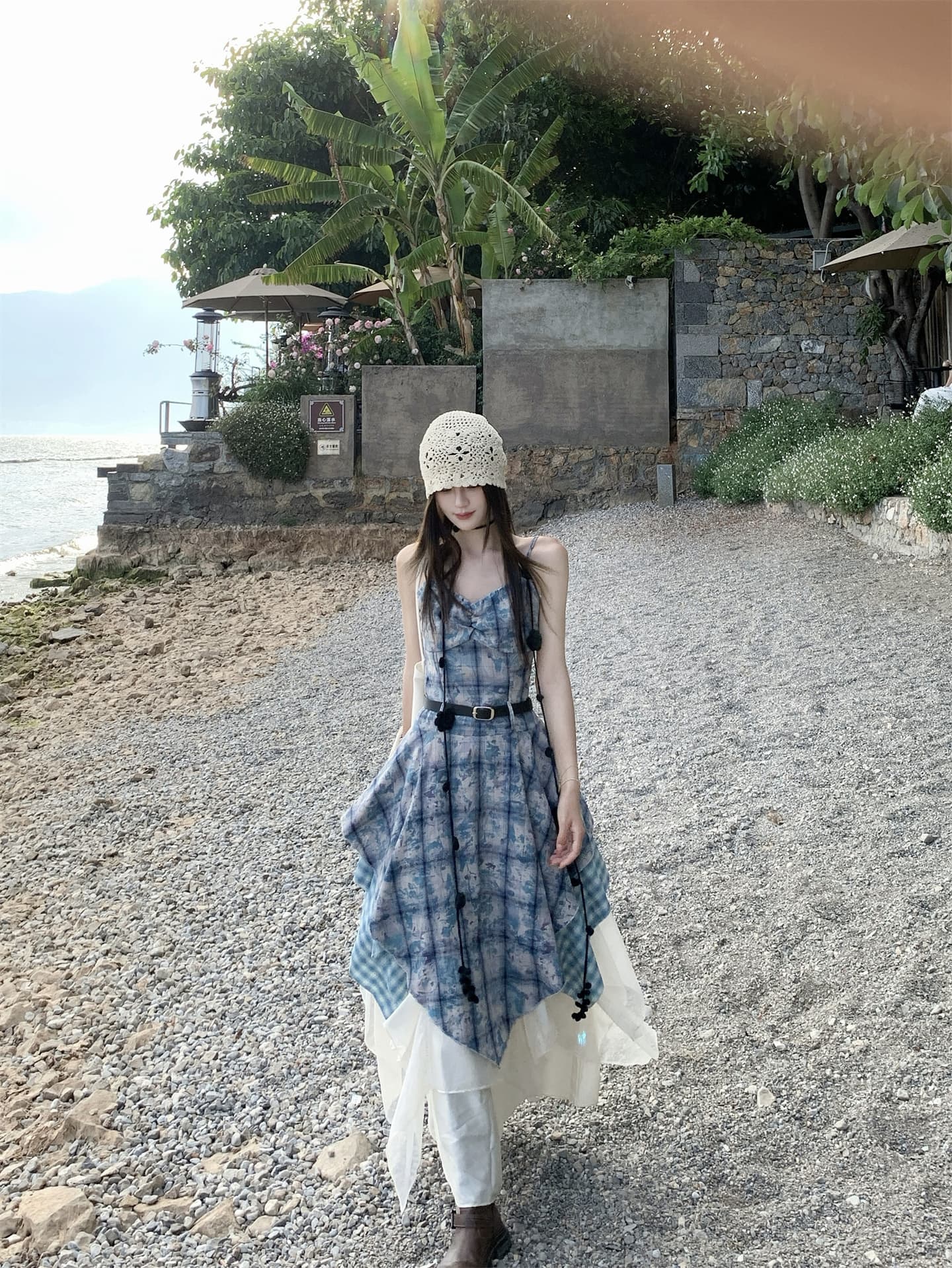 실사 정가 품격 불규칙 파란색 홀치기 염색 체크무늬 슬립 드레스 패치워크 빅 플레어 스커트 반 스커트 상세 이미지 13