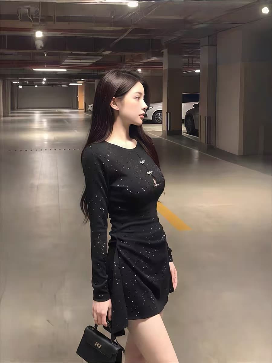 가을 겨울 섹시함 순수한 욕망 바람 나비 장식 홀로우 아웃 몸매 가꾸기 여성 드레스 상세 이미지 1