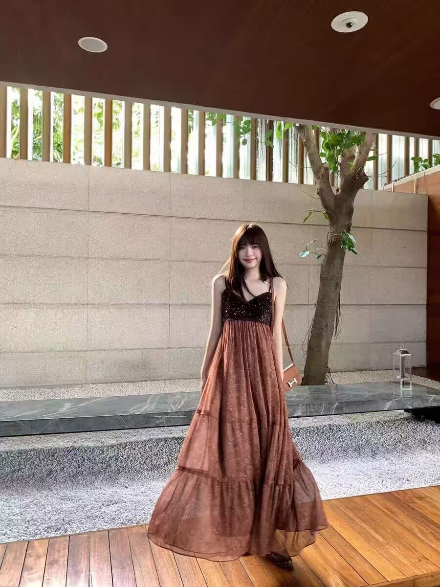 년 전투 치마 벨벳 스팽글 패치워크 어둠 곡물 다중 레이어 패치워크 4 미터 밑단 드레스 이미지 2