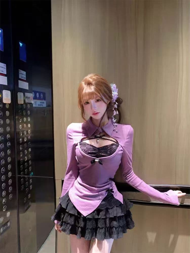 2026 이른 봄 순수한 욕망 달콤한 핫걸 치마 보라색 소녀 행침 목 드레스 케이크 미니 스커트 스택 착용 블라우스 투피스 세트 이미지 3