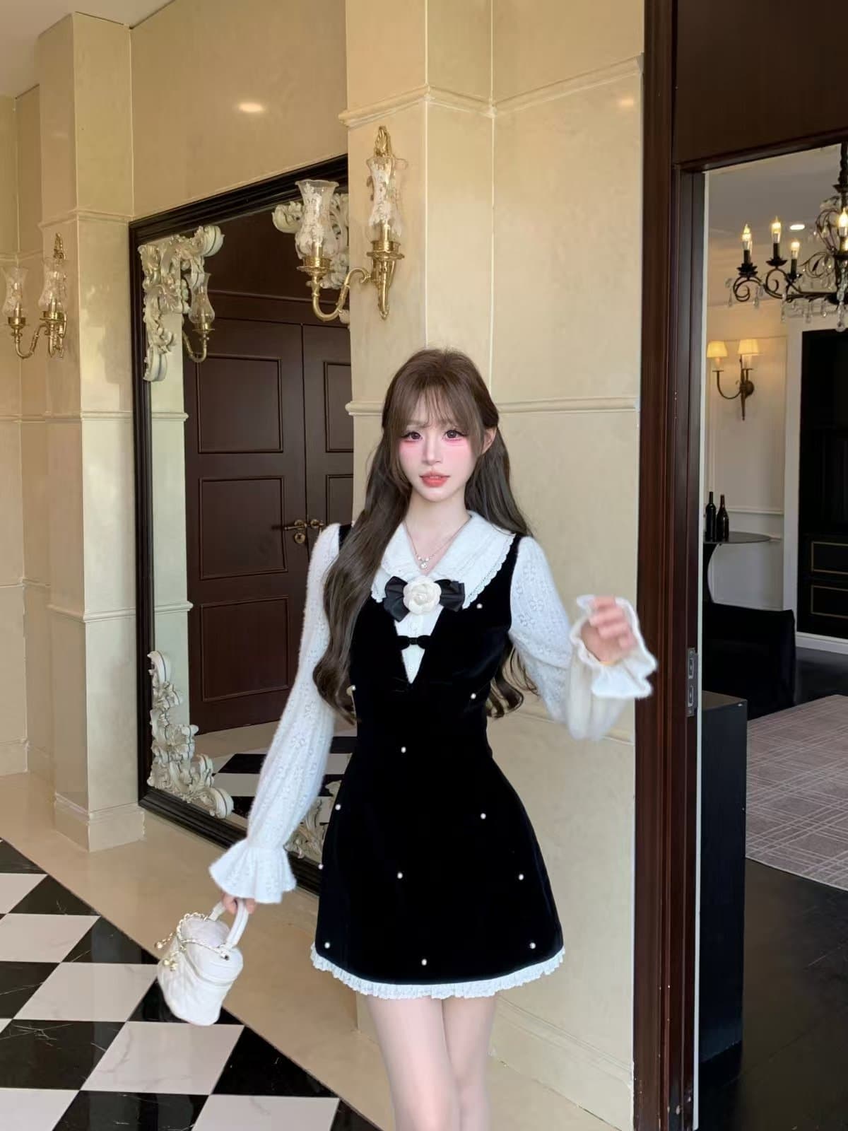 프랑스식 그는 벤 바람 페이크 레이어드 V넥 여성 드레스 겨울 고급 센스 품격 달콤함 다이아몬드 세팅 벨벳 한 마디 이미지 4
