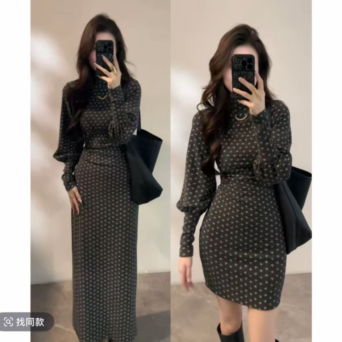 빛 요리 한 바람 연령 감소 터틀넥 프린트 긴팔 여성 드레스 2026 이른 봄 새로운 타이트 스커트 길이 치마 이미지 4
