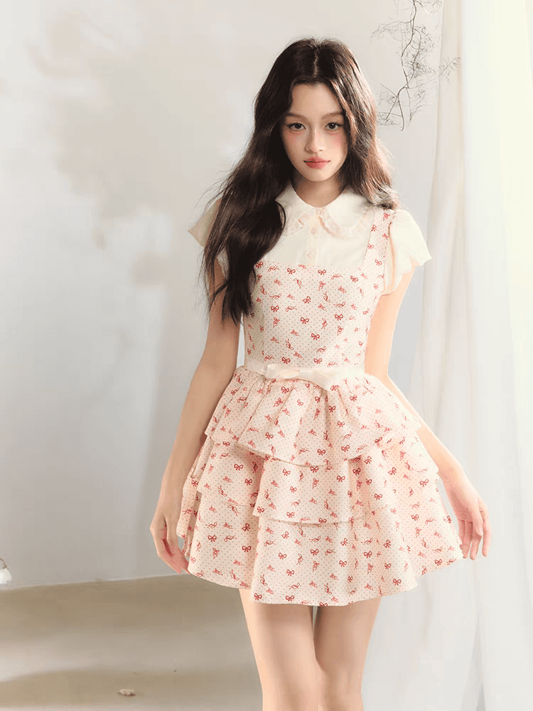 puffforever 딸기 우유 케이크 프랑스식 도트 무늬 패치워크 공주 페이크 레이어드 셔츠 케이크 심지어 이미지 4
