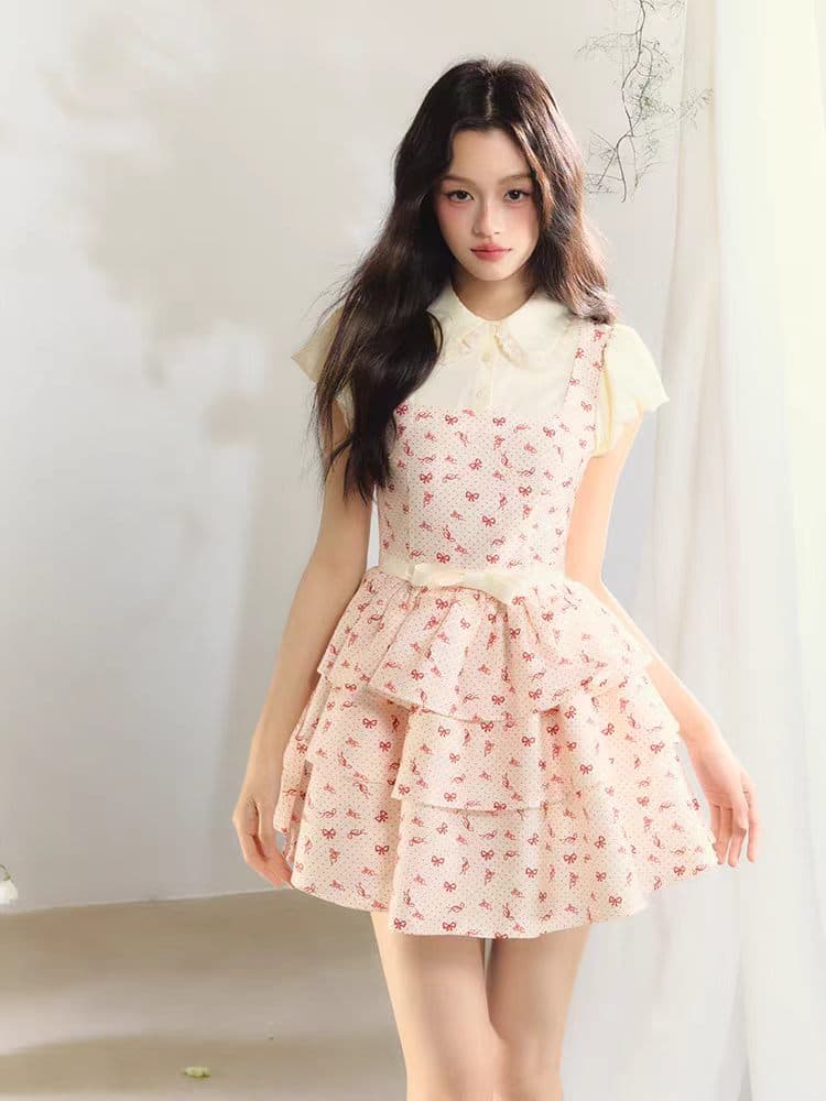puffforever 딸기 우유 케이크 프랑스식 도트 무늬 패치워크 공주 페이크 레이어드 셔츠 케이크 심지어 상세 이미지 1
