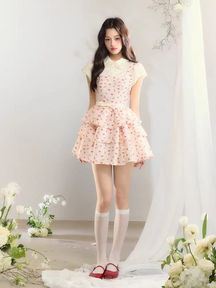 puffforever 딸기 우유 케이크 프랑스식 도트 무늬 패치워크 공주 페이크 레이어드 셔츠 케이크 심지어 상세 이미지 3