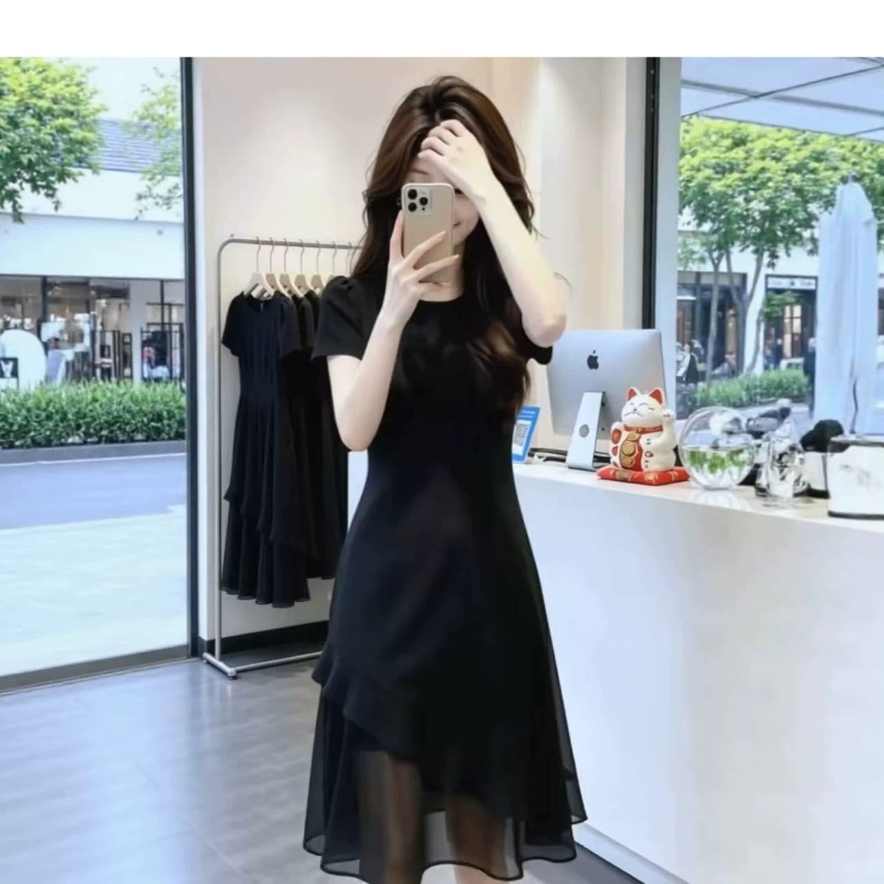 프랑스식 그는 벤 바람 검정색 여성 드레스 여름 반팔 허리 수축 슬림해 보이는 망사 패치워크 고급 센스 품격 A라인 스커트 이미지 3
