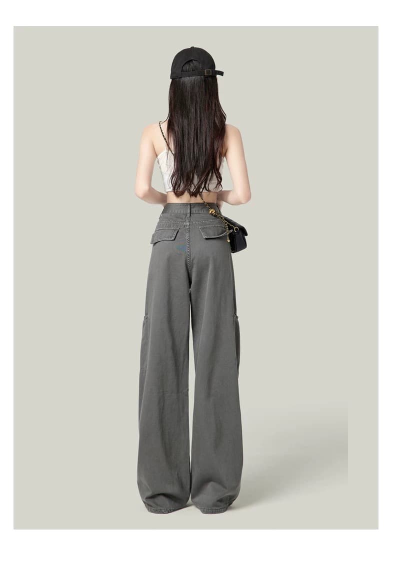 물 말 아메리칸 넓은 다리 워크웨어 팬츠 여성 2026 새로운 레트로 하이웨이스트 스트레이트 데님 바지 이미지 3