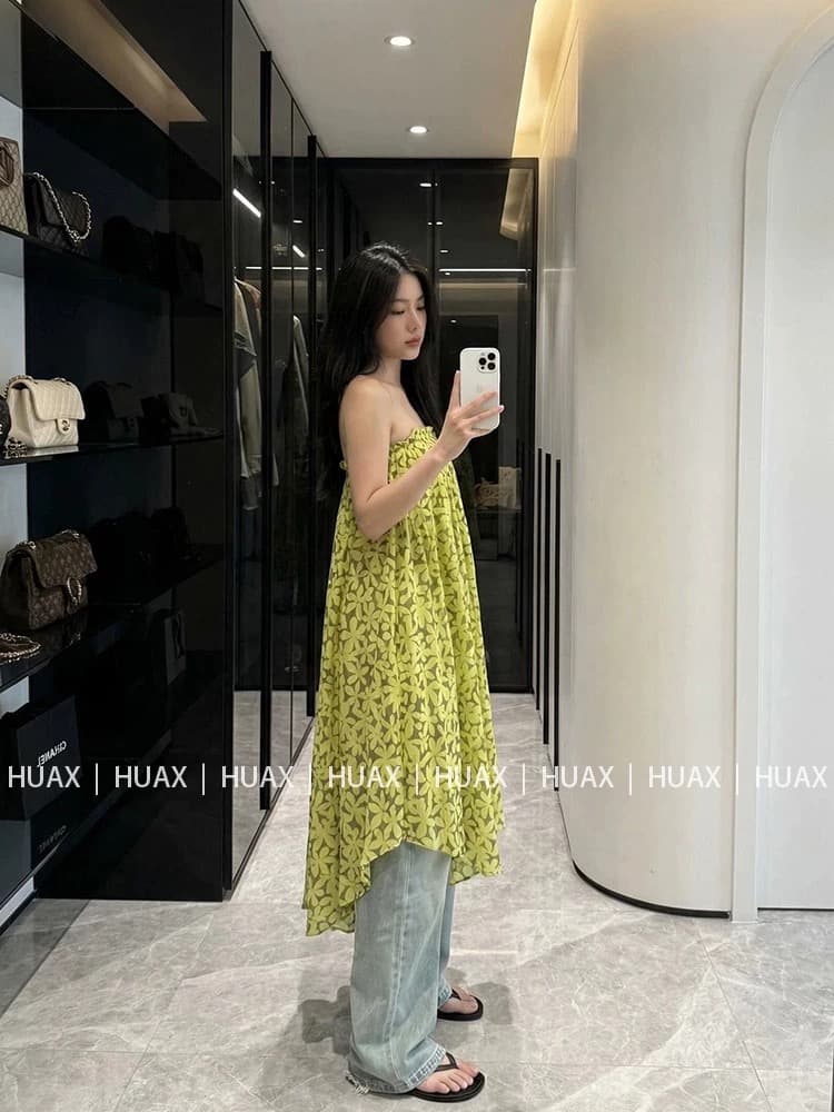 huax 휴가 바람 옐로우 바닥 꽃무늬 튜브탑 여성 드레스 여름 품격 루즈핏 슬림해 보이는 중간 길이 빅 플레어 스커트 상세 이미지 18