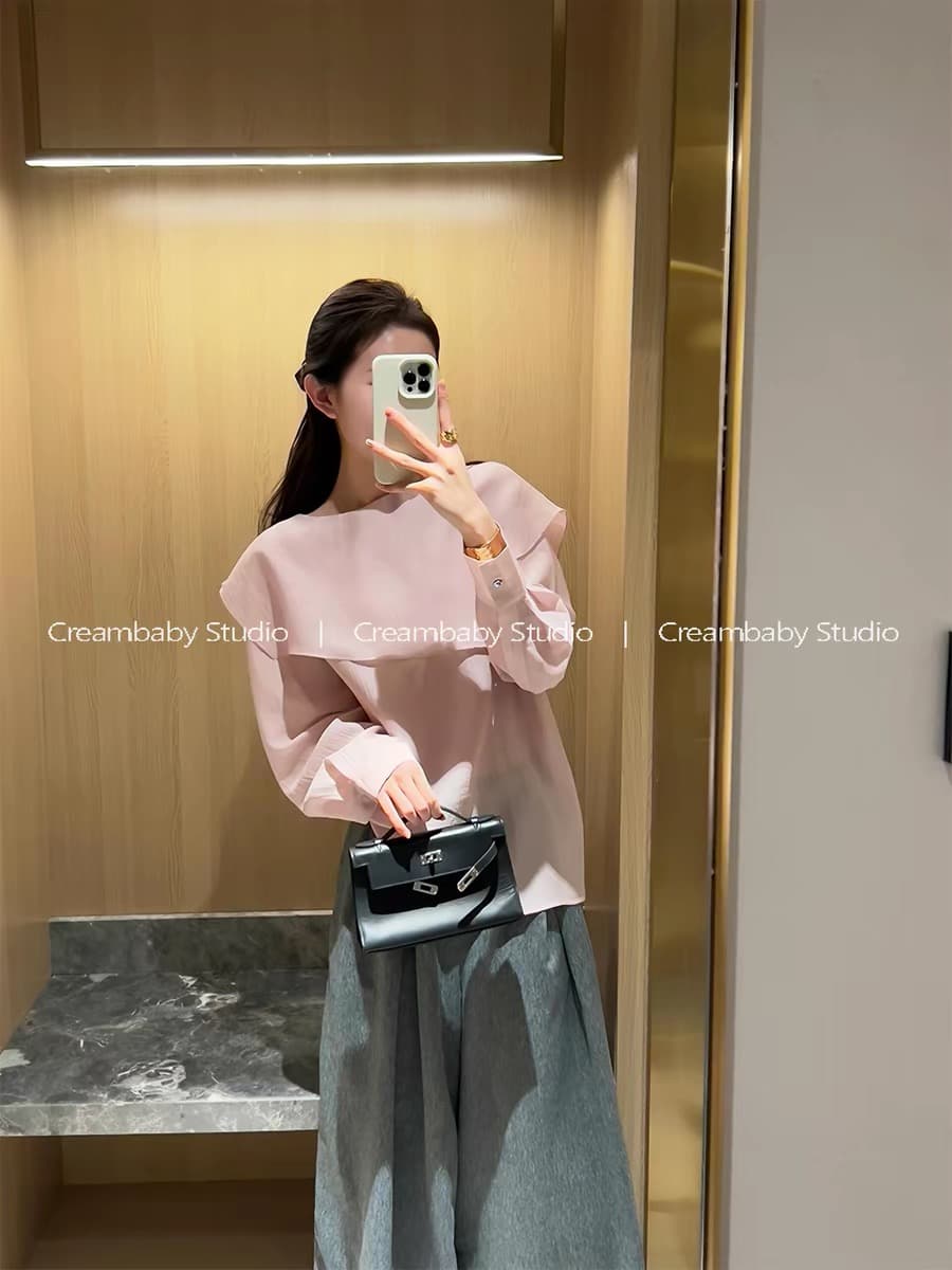 creambaby studio 핑크색 불규칙 디자인 센스 여성 셔츠 이른 봄 고유 한 슈퍼 잘 생긴 맨위 얇은 이미지 2