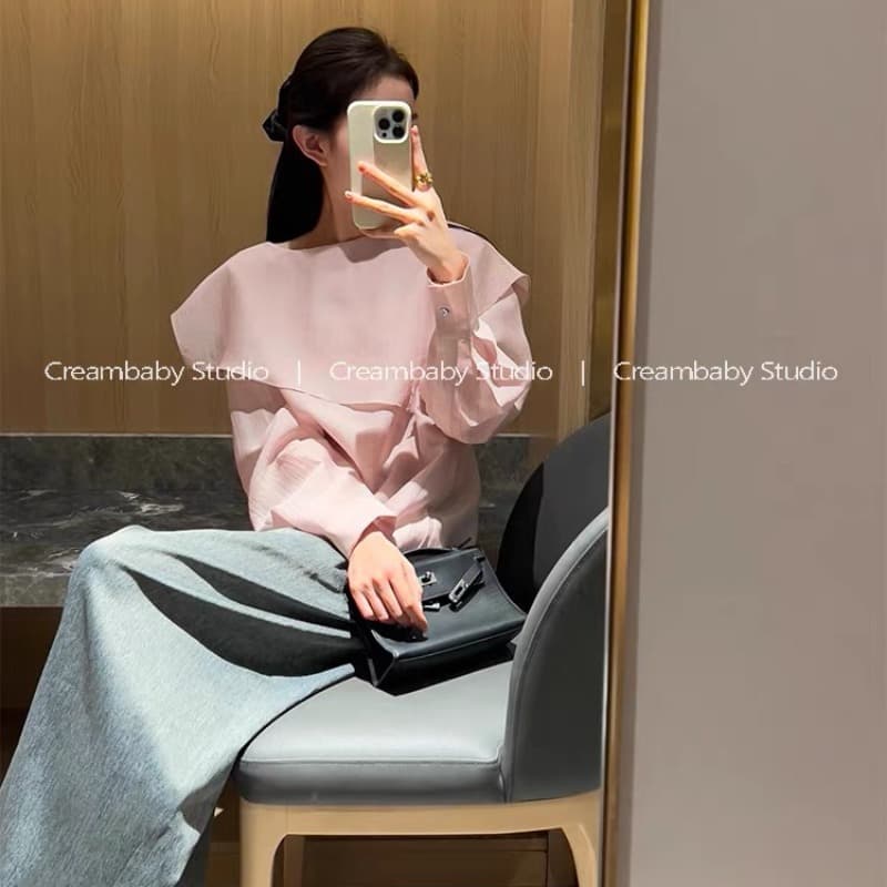 creambaby studio 핑크색 불규칙 디자인 센스 여성 셔츠 이른 봄 고유 한 슈퍼 잘 생긴 맨위 얇은 이미지 5