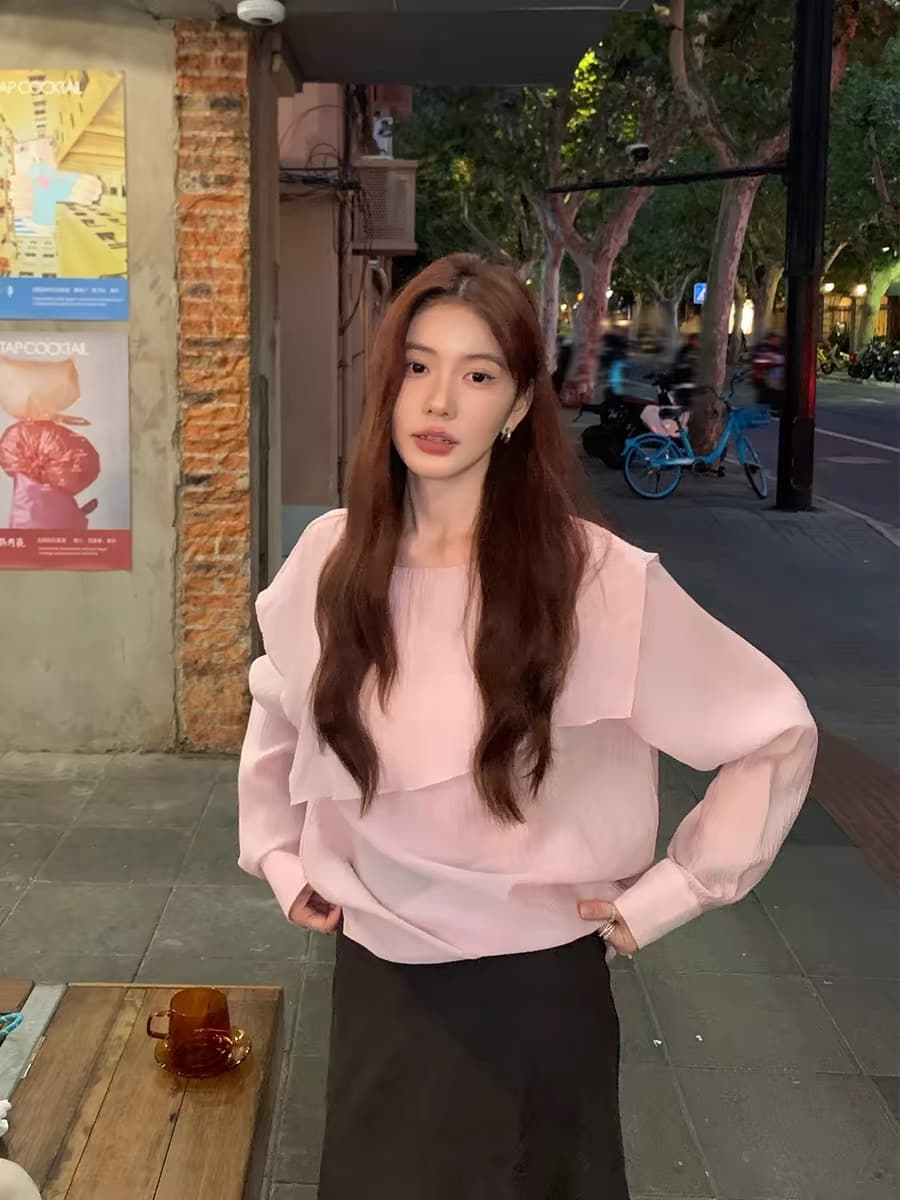 halo luu 핑크색 쉬폰 여성 셔츠 봄 여름 새로운 불규칙 맨위 루즈핏 캐주얼 프릴 칼라 셔츠 이미지 2