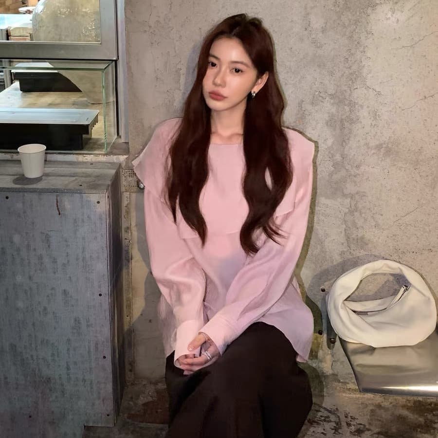 halo luu 핑크색 쉬폰 여성 셔츠 봄 여름 새로운 불규칙 맨위 루즈핏 캐주얼 프릴 칼라 셔츠 이미지 5
