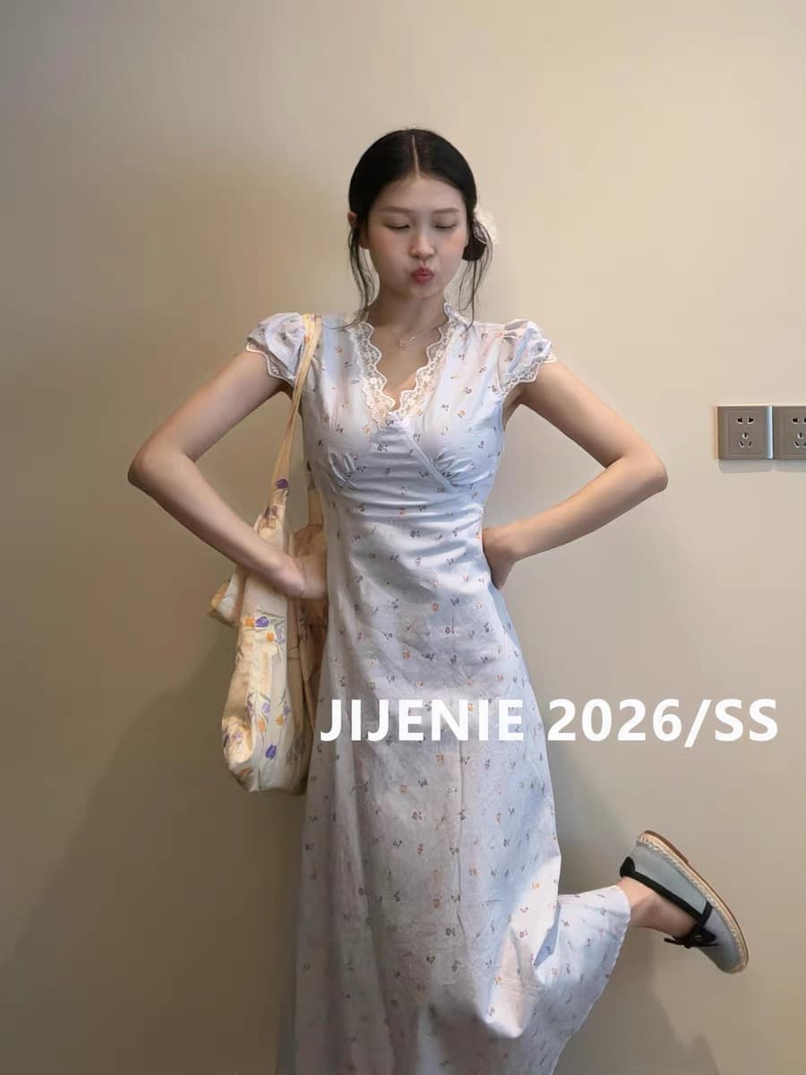 지금 재고 있음 파란색 V넥 레이스 꽃무늬 여성 드레스 여름 2026 고유 한 슈퍼 잘 생긴 치마 상세 이미지 2