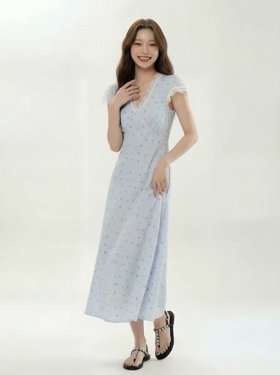 지금 재고 있음 파란색 V넥 레이스 꽃무늬 여성 드레스 여름 2026 고유 한 슈퍼 잘 생긴 치마 상세 이미지 6