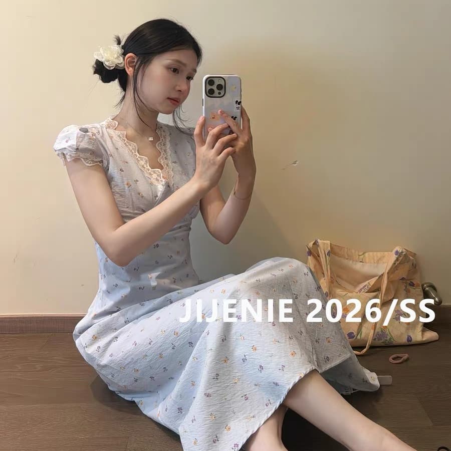지금 재고 있음 파란색 V넥 레이스 꽃무늬 여성 드레스 여름 2026 고유 한 슈퍼 잘 생긴 치마 이미지 5