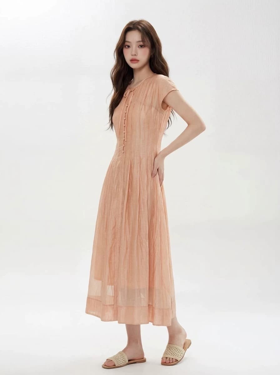 소중한 이웃 웨스트 소매 분말 프랑스식 레트로 휴가 바람 V넥 레이스업 허리 수축 여성 드레스 여름 디자인 센스 작은 대중 이미지 3