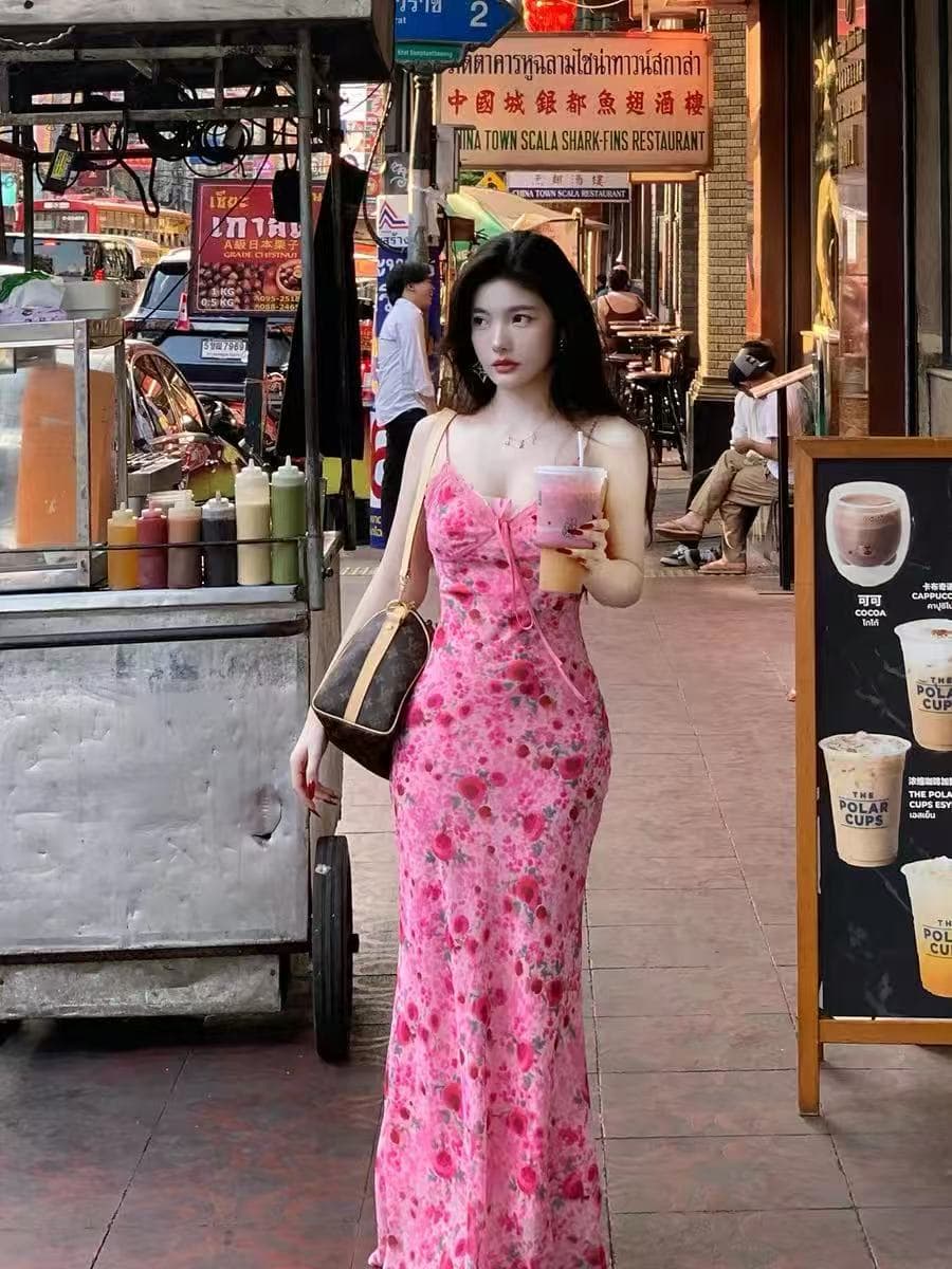 프랑스식 낭만주의 장미 핑크색 V넥 허리 수축 꽃무늬 슬립 여성 드레스 26 여름 해변가 휴가 자이언트 잘 생긴 치마 상세 이미지 10