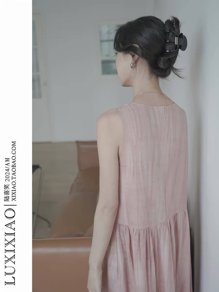 소중한 이웃 느슨함 휴일 핑크색 홀치기 염색 라운드 넥 민소매 조끼 원피스 롱 스커트 여성 여름 디자인 센스 작은 대중 상세 이미지 2