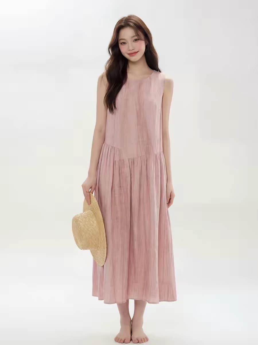 소중한 이웃 느슨함 휴일 핑크색 홀치기 염색 라운드 넥 민소매 조끼 원피스 롱 스커트 여성 여름 디자인 센스 작은 대중