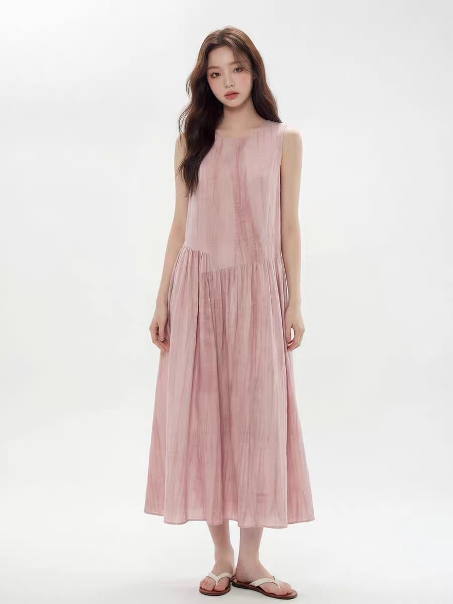 소중한 이웃 느슨함 휴일 핑크색 홀치기 염색 라운드 넥 민소매 조끼 원피스 롱 스커트 여성 여름 디자인 센스 작은 대중 이미지 4