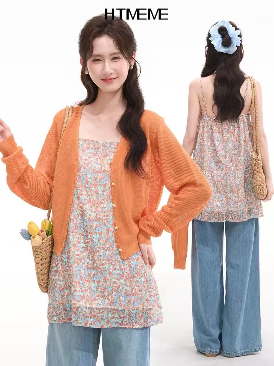 꽃밭 창 htmeme 봄날 유화 스택 착용 꽃무늬 슬립 드레스 여성 봄 여름 슬림해 보이는 민소매 드레스 이미지 4