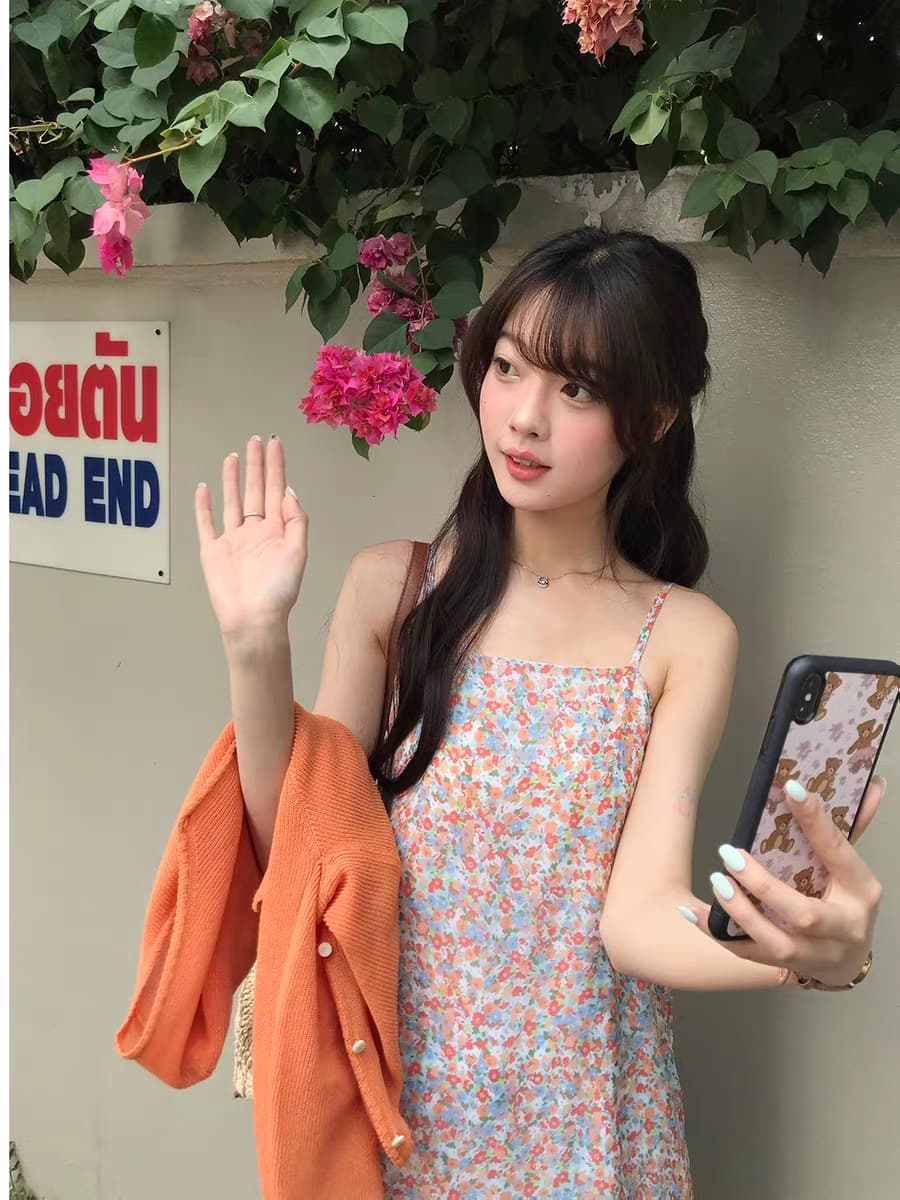 꽃밭 창 htmeme 봄날 유화 스택 착용 꽃무늬 슬립 드레스 여성 봄 여름 슬림해 보이는 민소매 드레스 상세 이미지 7