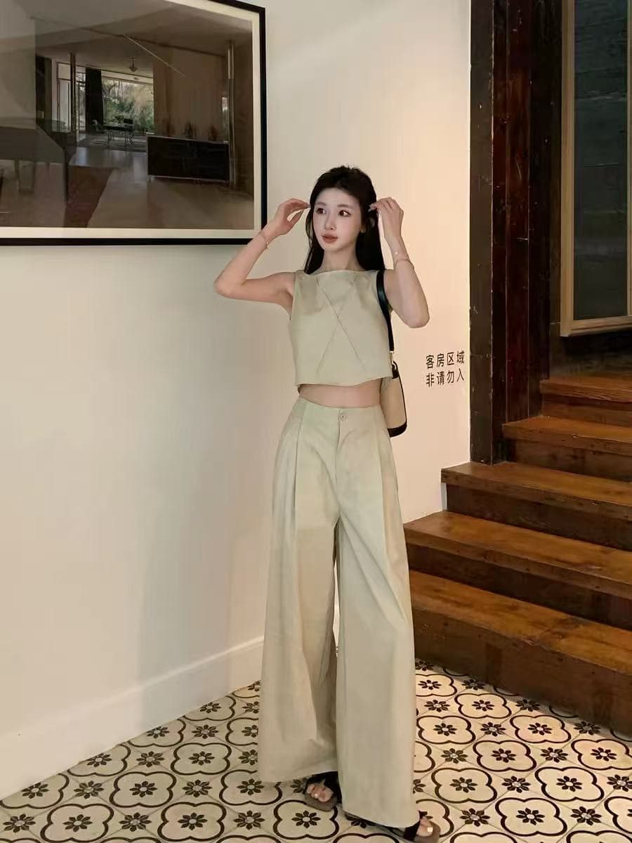 solo 폭발 폭발 느슨함 vibe 품격 고급 센스 민소매 조끼 맨위 코디 캐주얼 넓은 다리 길이 바지 세트