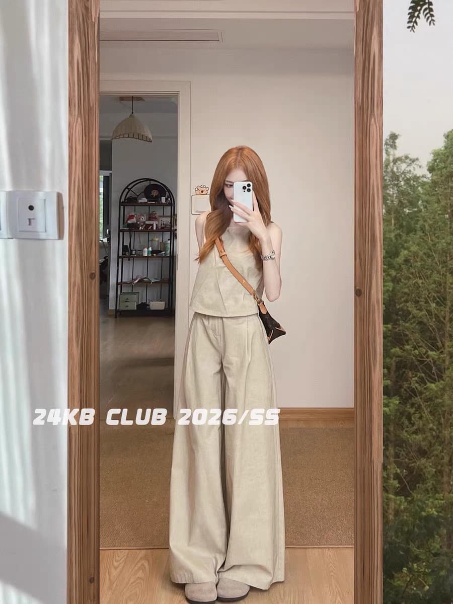 24kb club 고급 센스 한 부서 품격 민소매 조끼 맨위 여성 여름 코디 캐주얼 넓은 다리 길이 바지 세트 상세 이미지 11