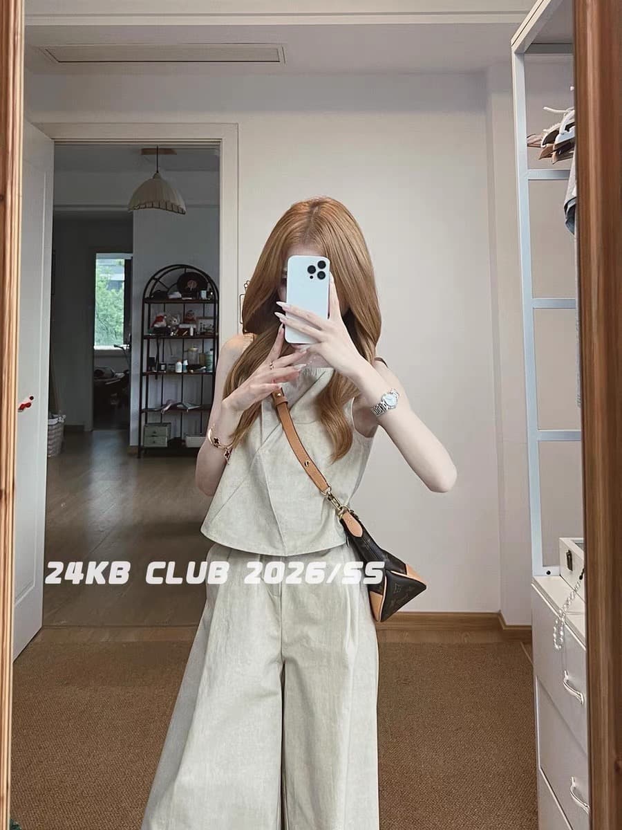 24kb club 고급 센스 한 부서 품격 민소매 조끼 맨위 여성 여름 코디 캐주얼 넓은 다리 길이 바지 세트 상세 이미지 12