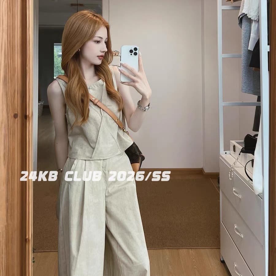 24kb club 고급 센스 한 부서 품격 민소매 조끼 맨위 여성 여름 코디 캐주얼 넓은 다리 길이 바지 세트 이미지 5