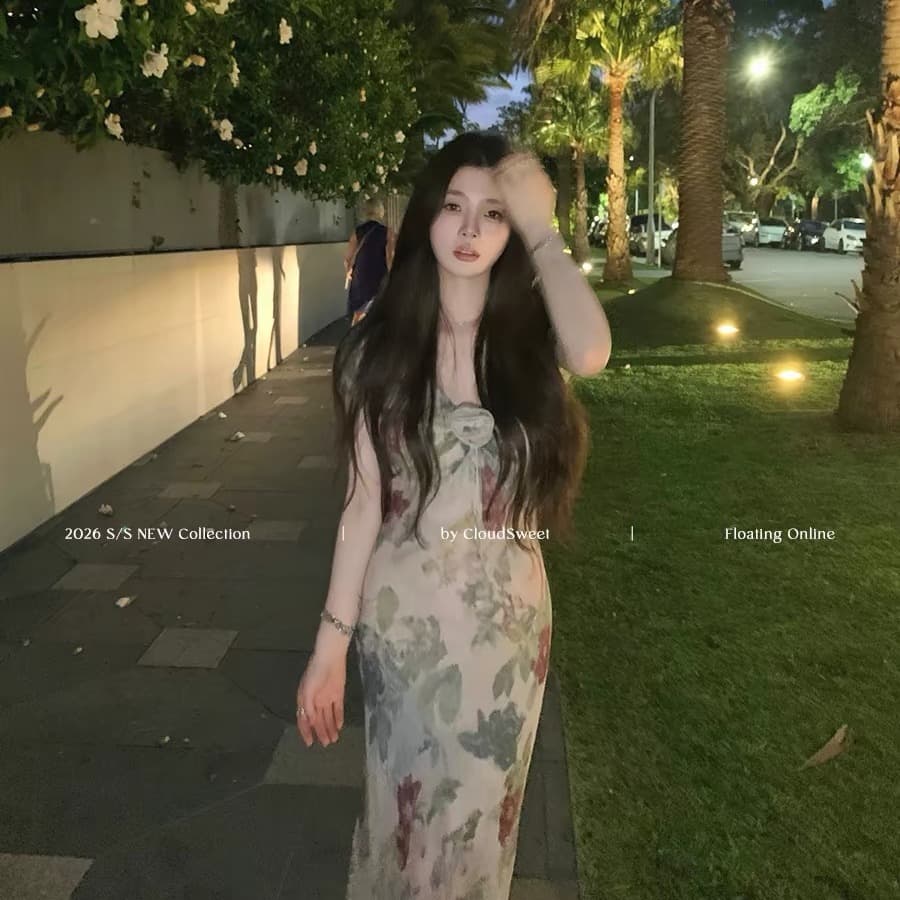 cloudsweet 흰 구름 달콤한 중년 센스 장미 유화 치마 레트로 프린트 드레스 프랑스식 인어 꼬리 롱 스커트 이미지 5