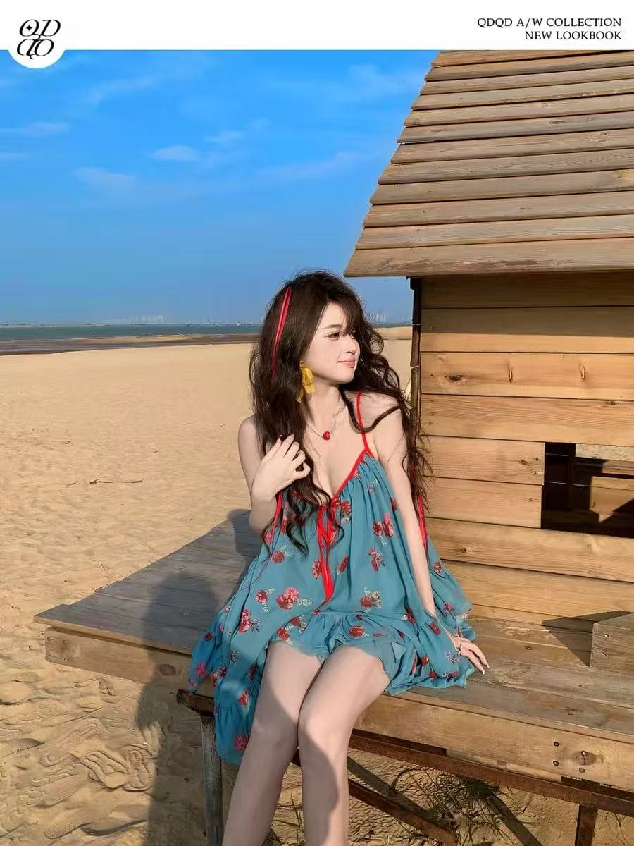 프랑스식 레트로 꽃무늬 슬립 드레스 여성 여름 도파민 프릴 조끼 작은 키 해변가 휴가 짧은 치마 상세 이미지 1