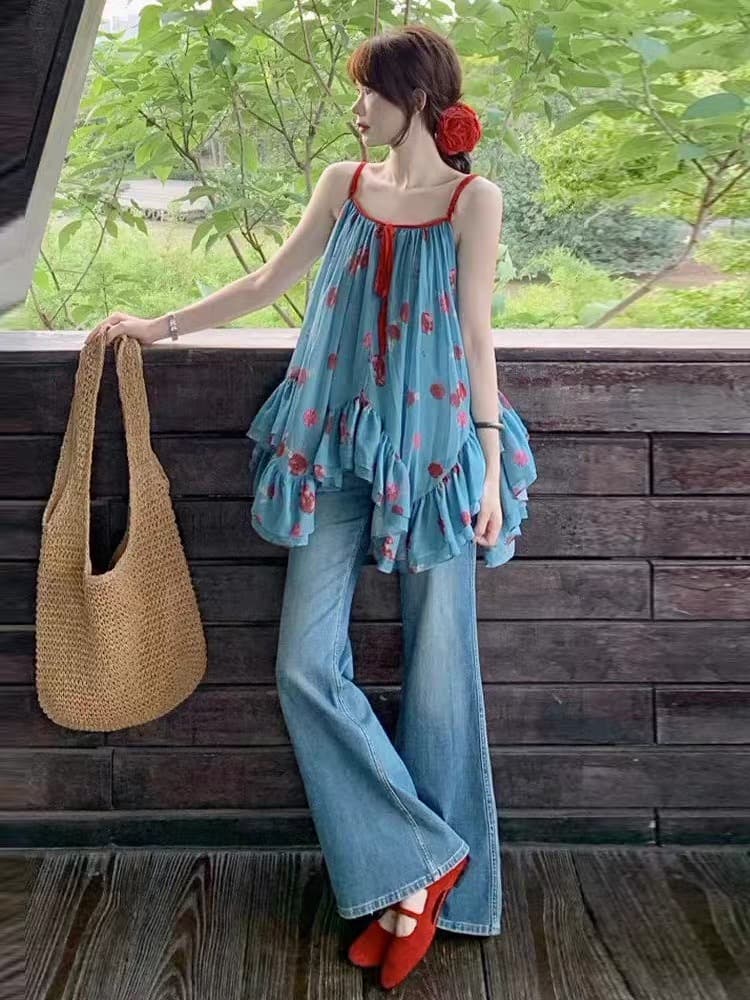 프랑스식 레트로 꽃무늬 슬립 드레스 여성 여름 도파민 프릴 조끼 작은 키 해변가 휴가 짧은 치마 상세 이미지 9