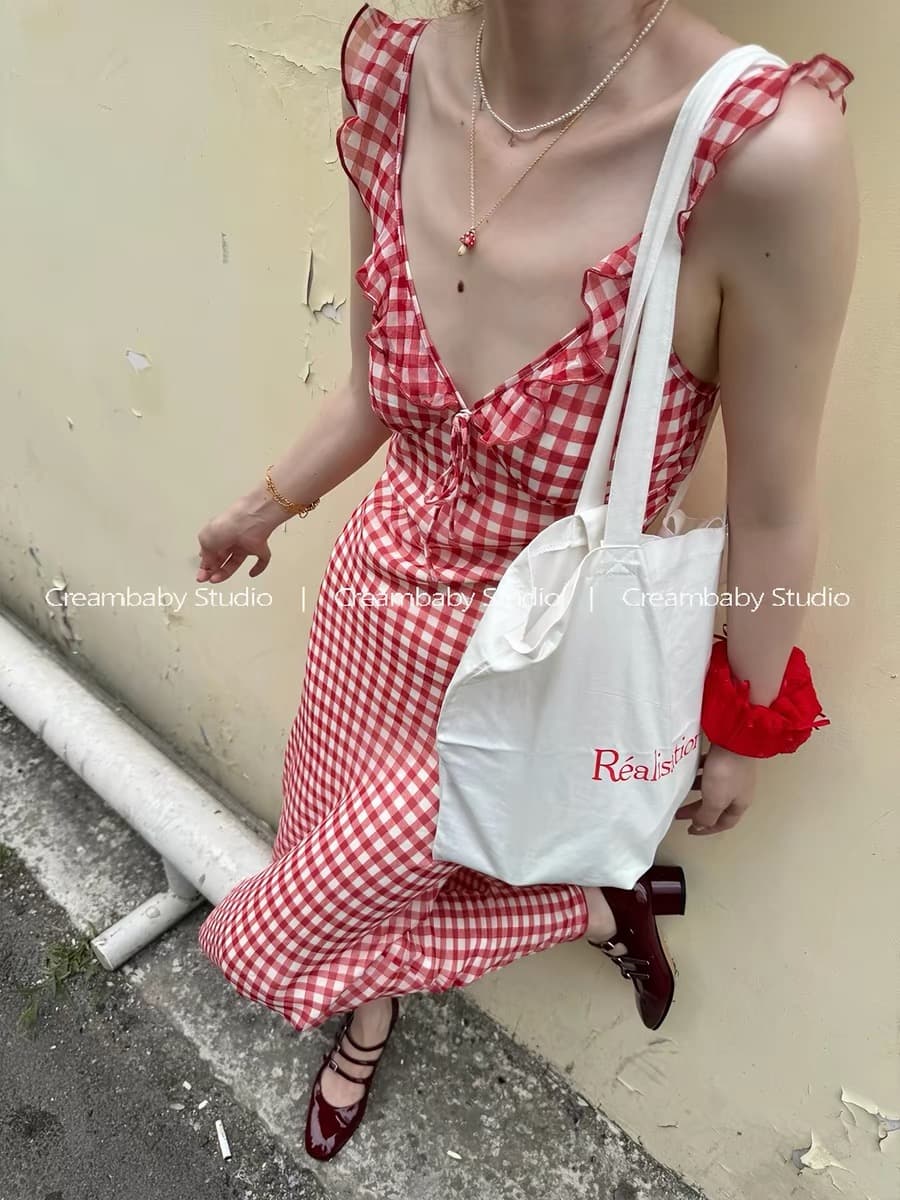 프랑스식 작은 대중 디자이너 빨간색 체크무늬 여성 드레스 여름 고급 센스 허리 수축 슬림해 보이는 해변가 휴가 슬립 드레스 이미지 3