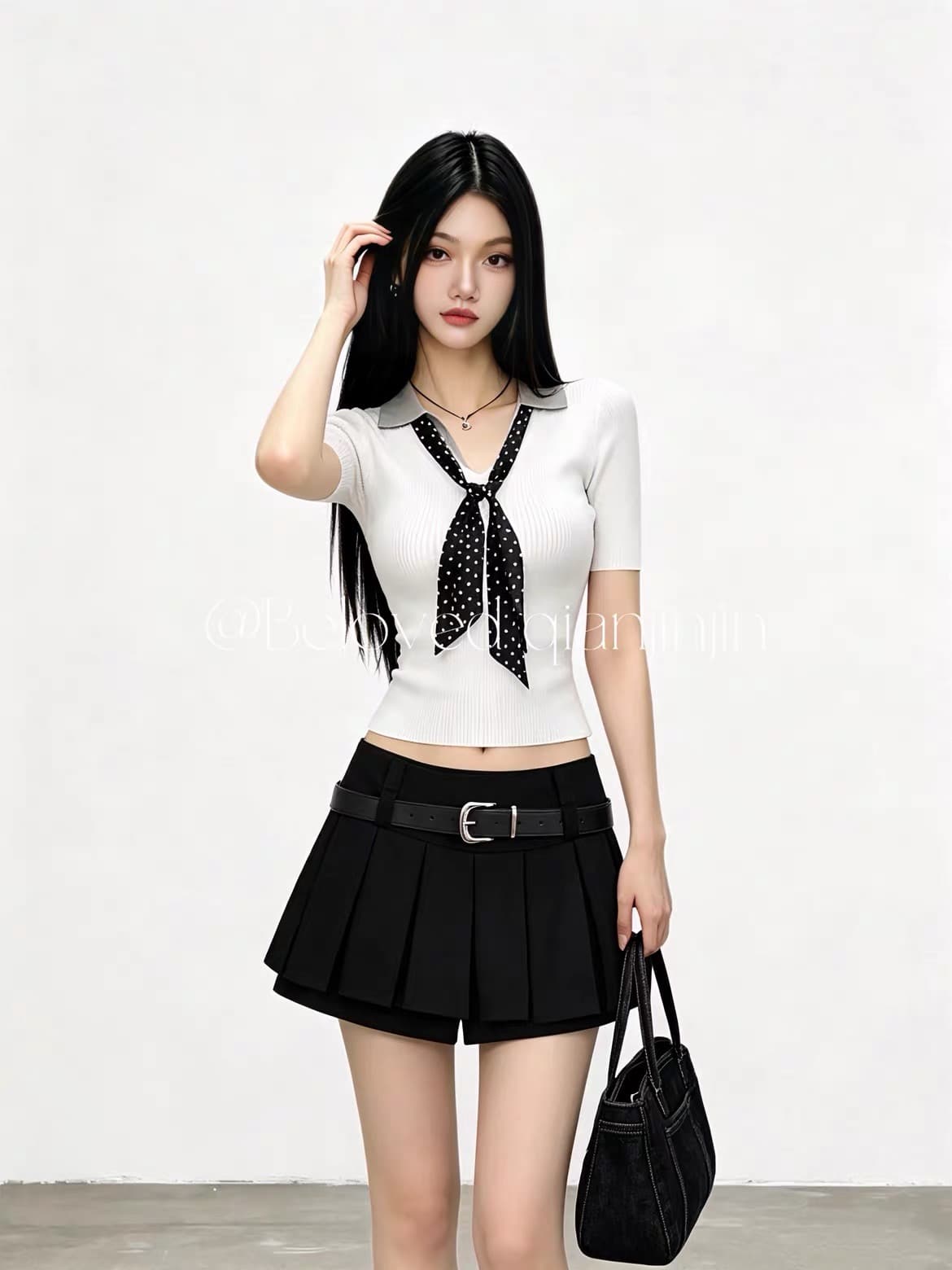 경관 인터넷 미니멀리즘 센스 오래된 돈 센스 POLO 칼라 니트 반팔 여성 의류 몸매 가꾸기 슬림해 보이는 레이스업 페이크 레이어드 맨위 상세 이미지 7