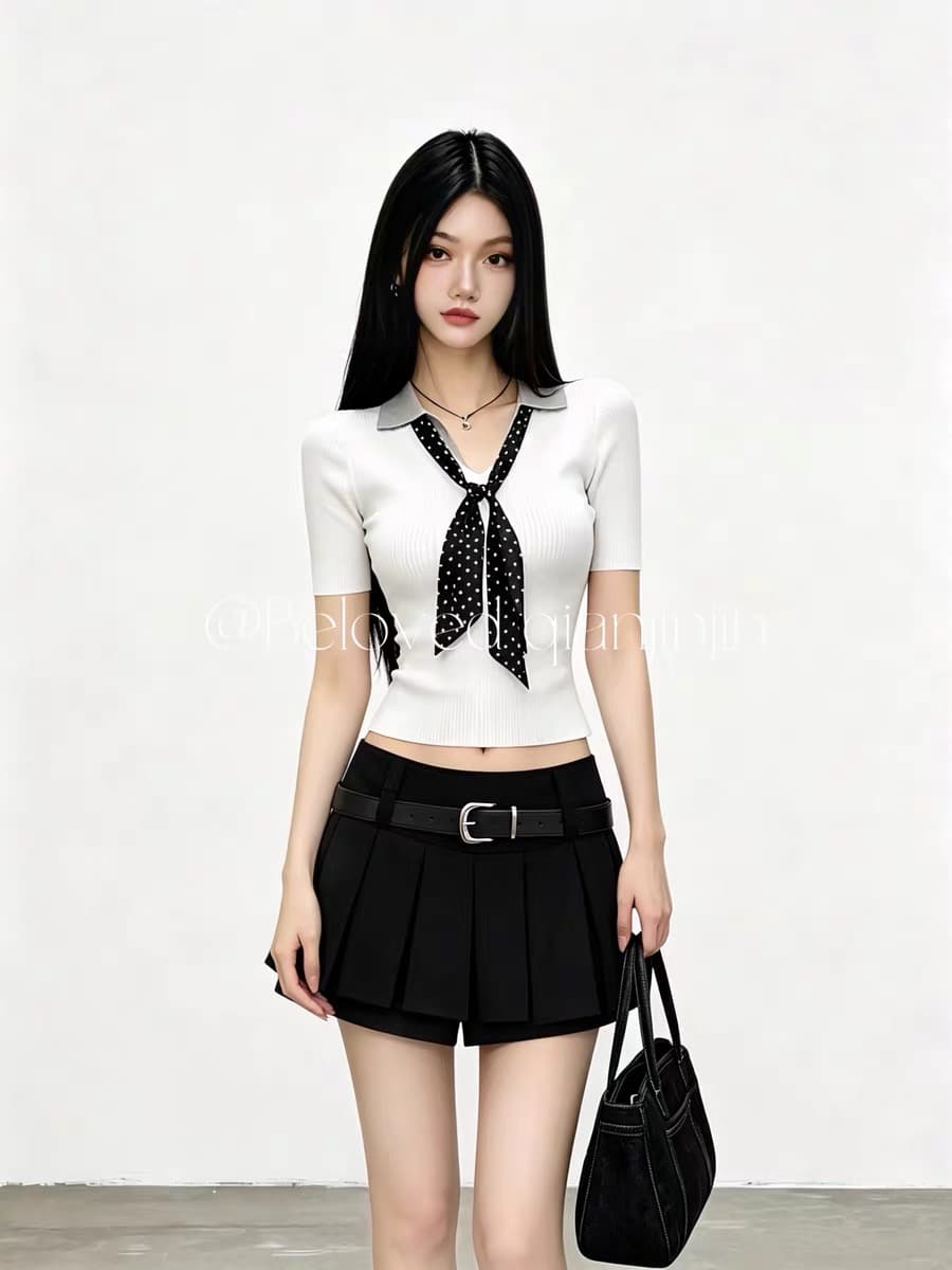 경관 인터넷 미니멀리즘 센스 오래된 돈 센스 POLO 칼라 니트 반팔 여성 의류 몸매 가꾸기 슬림해 보이는 레이스업 페이크 레이어드 맨위 상세 이미지 8