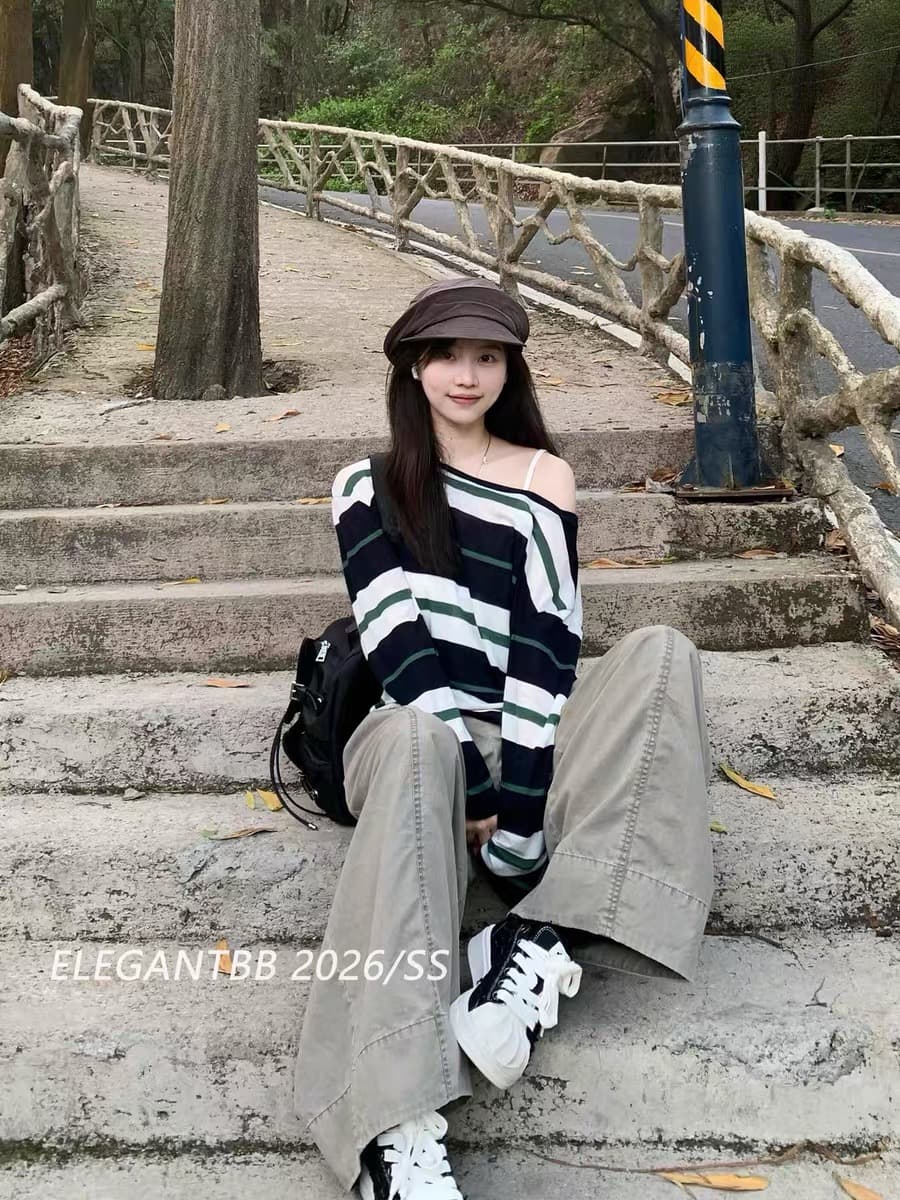 elegantbb 26ss 프랑스식 순수한 욕망 느긋한 바람 푸른 녹색 스트라이프 긴팔 여성 여름 자외선 차단 루즈핏 블라우스 티셔츠 이미지 4