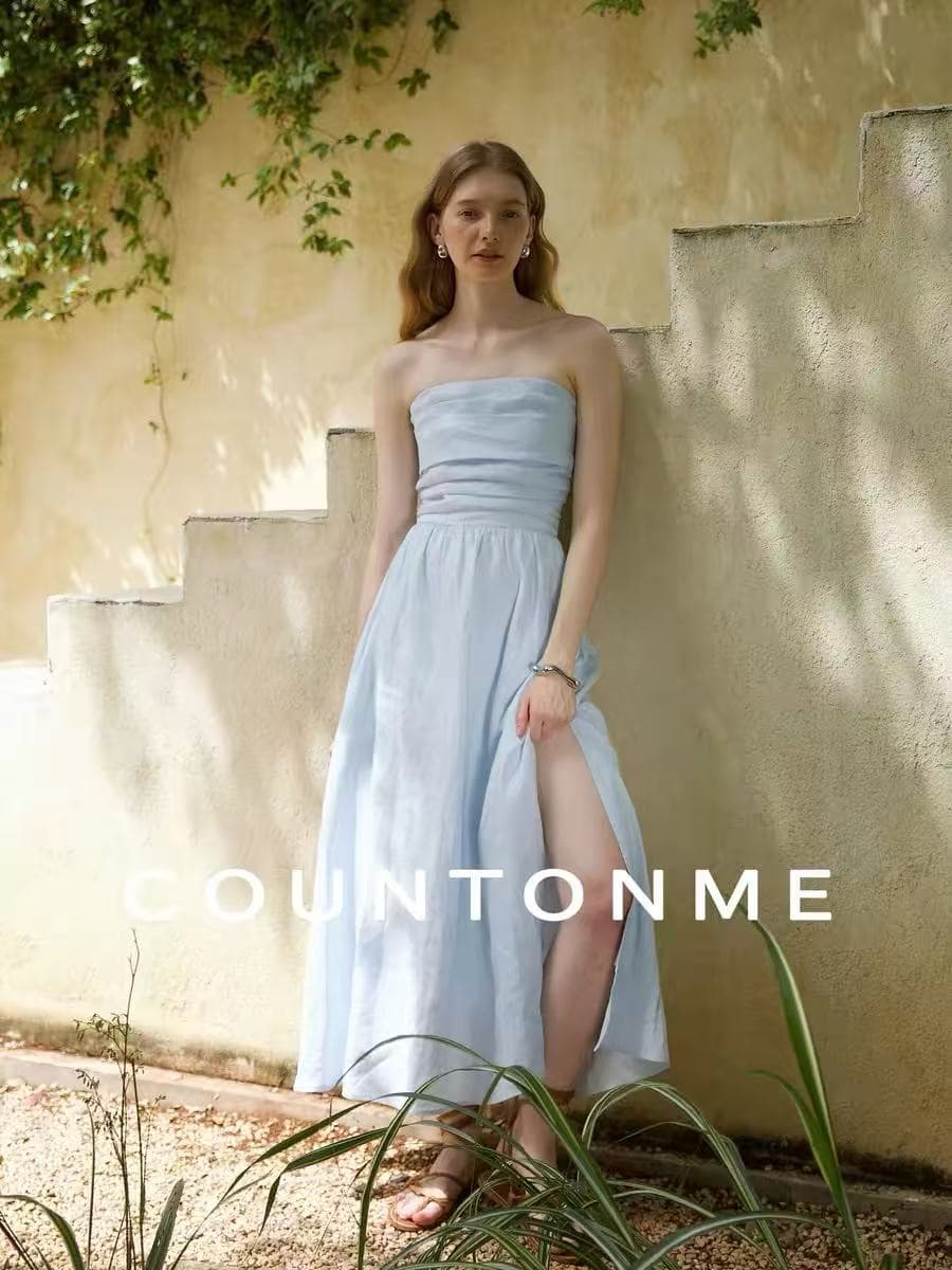 countonme 프랑스식 낭만주의 전체 아마 휴가 바람 주름 튜브탑 드레스 슬림해 보이는 트임 롱 스커트 이미지 2