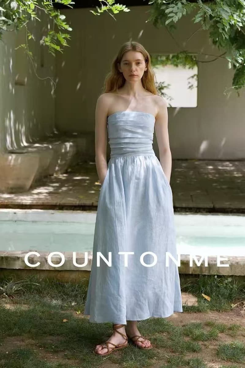 countonme 프랑스식 낭만주의 전체 아마 휴가 바람 주름 튜브탑 드레스 슬림해 보이는 트임 롱 스커트 이미지 6