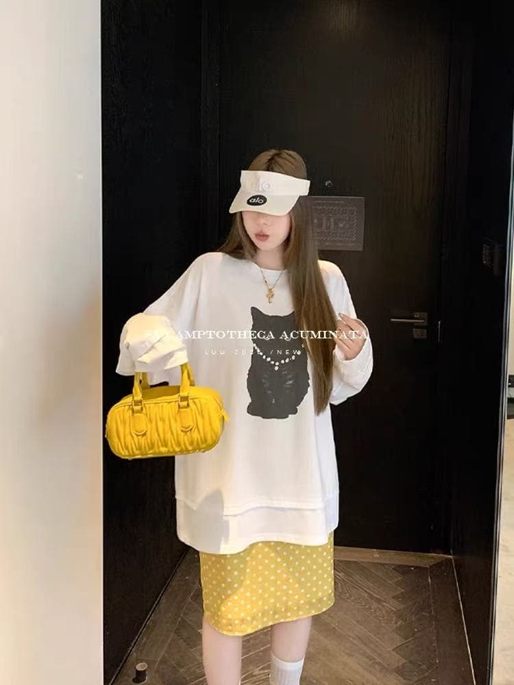 luu 복숭아 안녕하세요. 어린이 도트 무늬 프린트 스트레이트 한 마디 반신 스커트 여성 봄 가을 루즈핏 디자인 센스 중간 길이 치마 상세 이미지 2