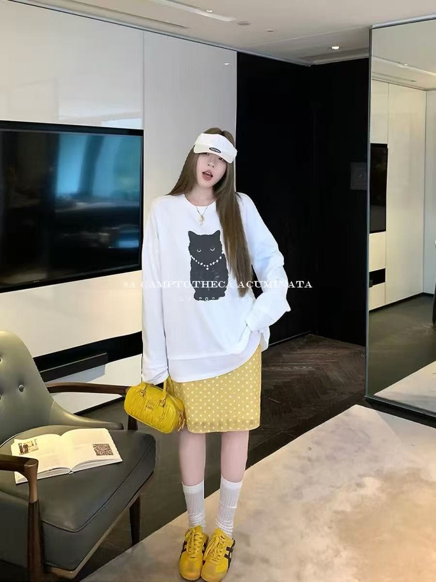 luu 복숭아 안녕하세요. 어린이 도트 무늬 프린트 스트레이트 한 마디 반신 스커트 여성 봄 가을 루즈핏 디자인 센스 중간 길이 치마 상세 이미지 4