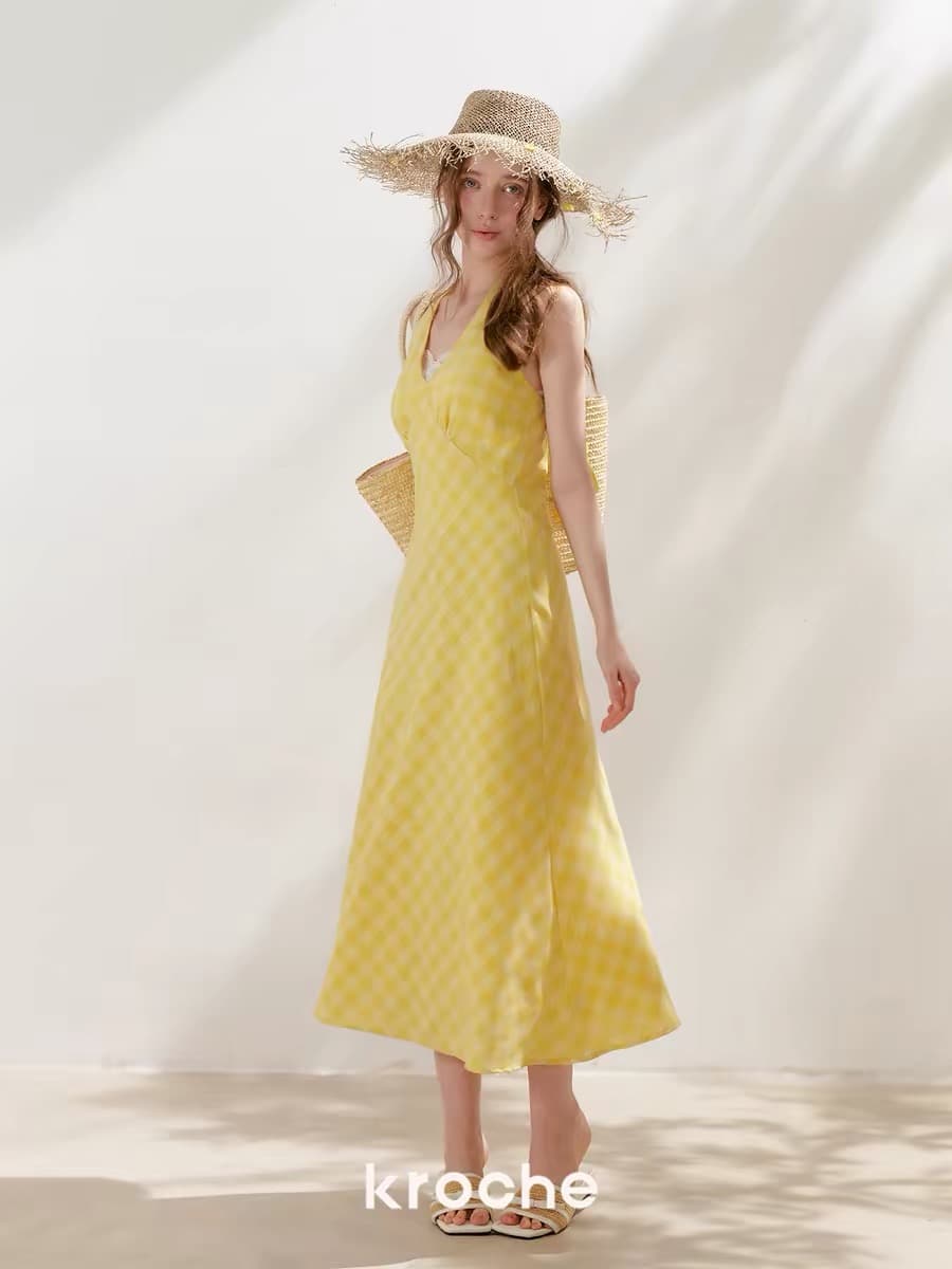 kroche 26ss staycation 나비 매듭 스트랩 체크무늬 행침 목 V넥 프랑스식 휴가 드레스 이미지 2