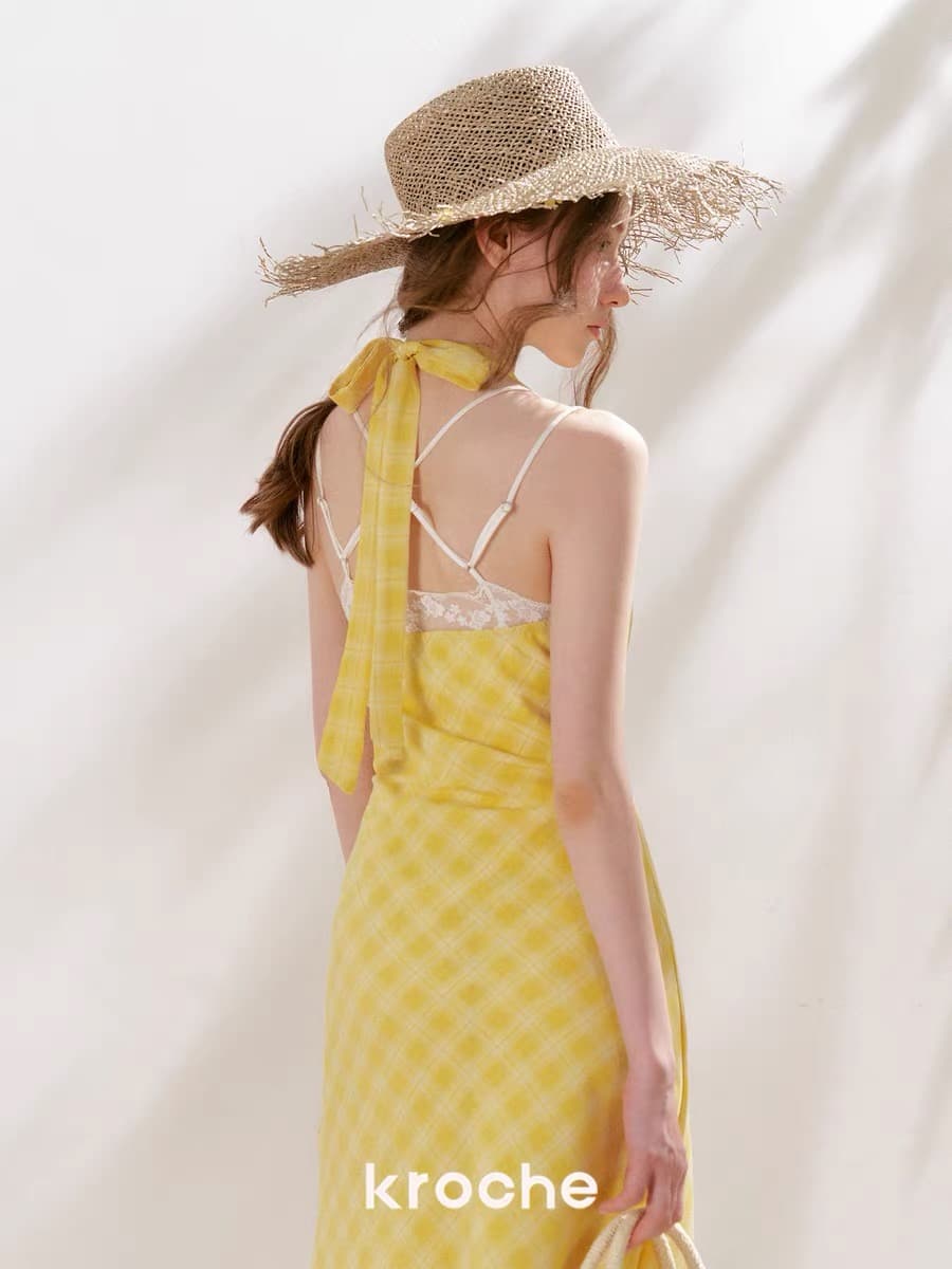 kroche 26ss staycation 나비 매듭 스트랩 체크무늬 행침 목 V넥 프랑스식 휴가 드레스 이미지 3