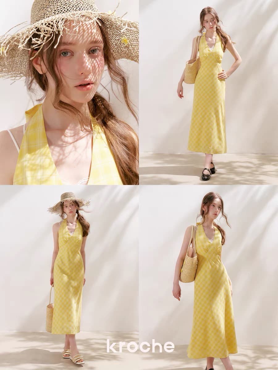 kroche 26ss staycation 나비 매듭 스트랩 체크무늬 행침 목 V넥 프랑스식 휴가 드레스 이미지 4