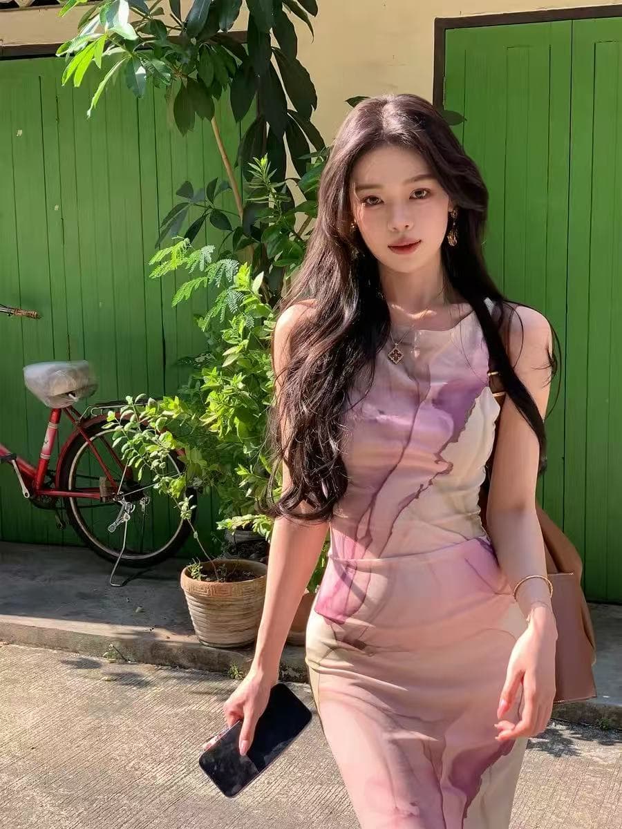 소중한 이웃 바로 그거죠 하트 비트 핑크색 라운드 넥 프린트 민소매 조끼 원피스 롱 스커트 여성 여름 디자인 센스 작은 대중 상세 이미지 6