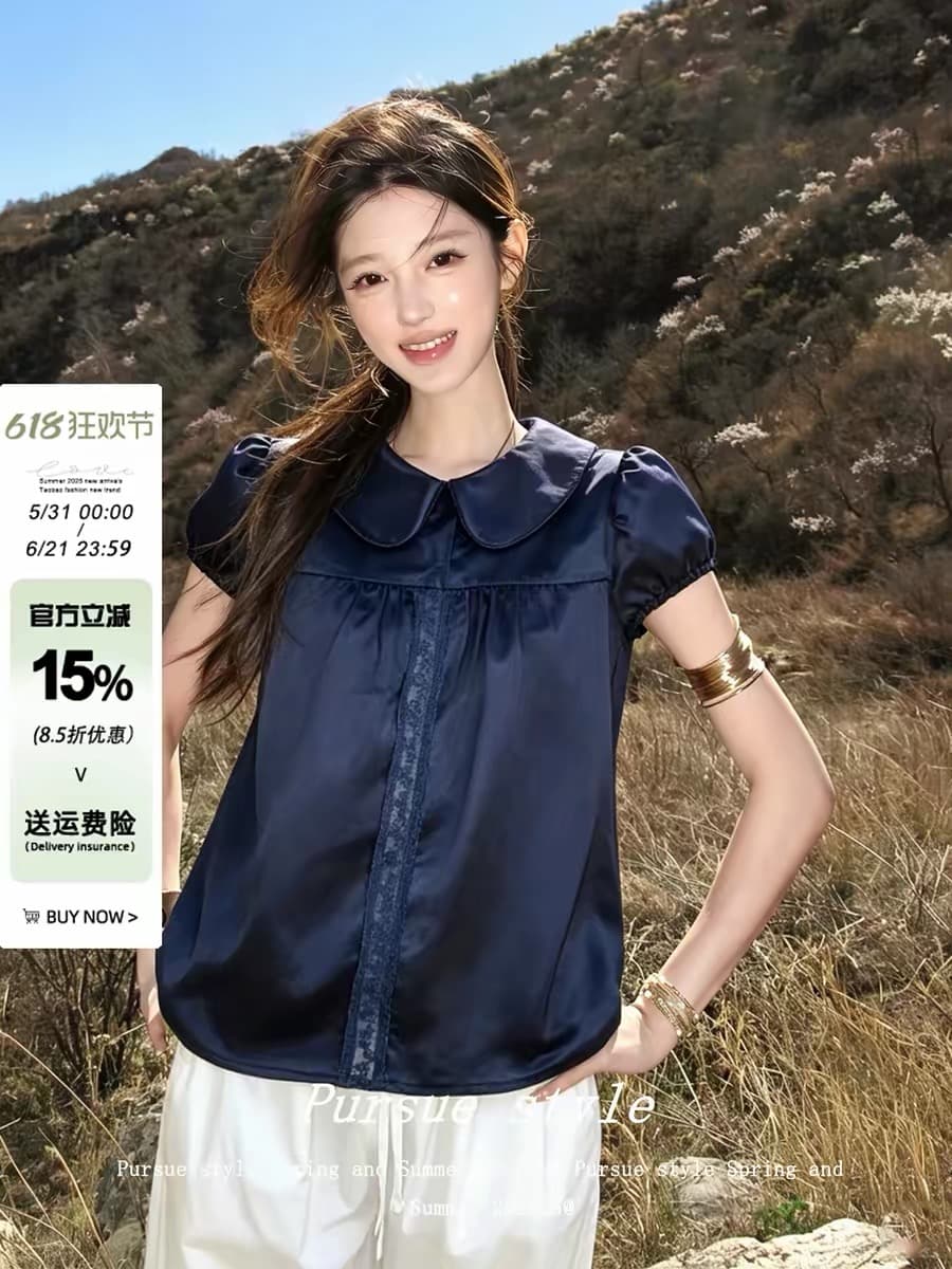 soomie 한 부서 여름 무거운 작업 블루 색상 새틴 패치워크 베이비 칼라 레이스 반팔 거품 소매 맨위 여성 상세 이미지 1
